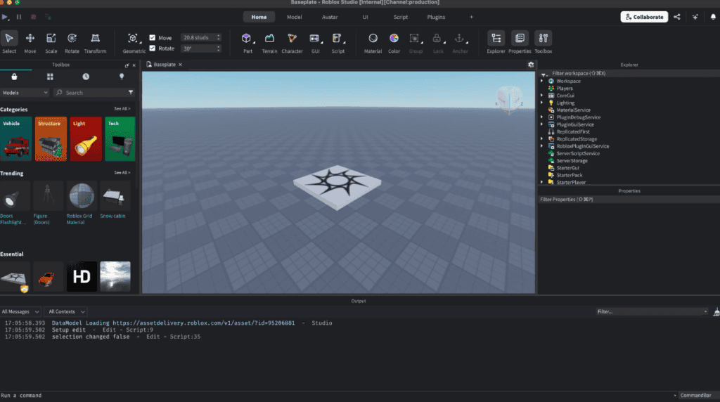 Roblox Studio interface showing Explorer and Properties panels
